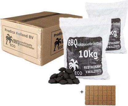 Kokosbriketten 2x10kg horeca kwaliteit + gratis aanmaakblokjes/ Cocosnoot briketten / Coconut Briquettes Prodica Holland